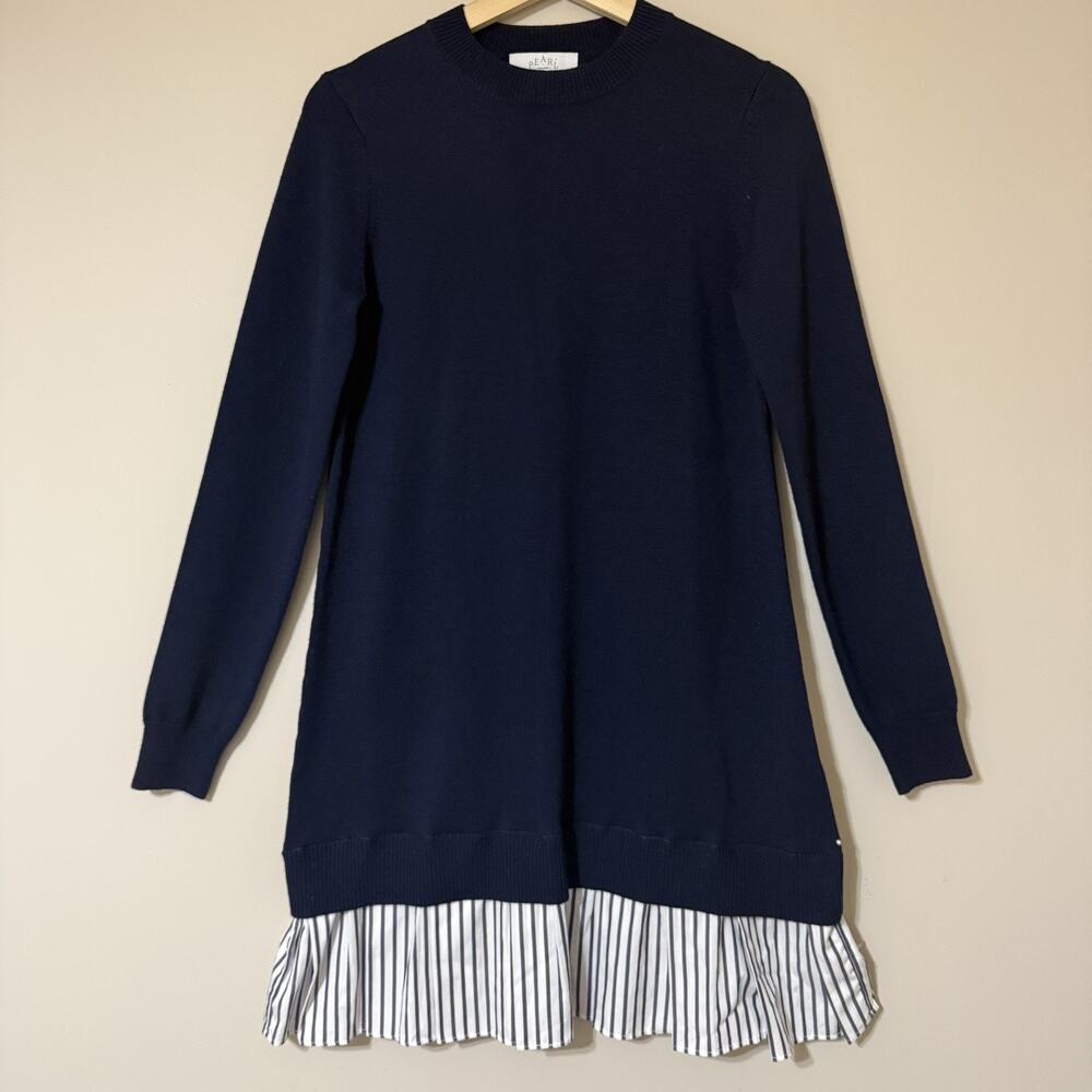 Pearl by Lela Rose Shirt Dress Sweater 100% Wool SIZE XS Womens Navy Academia